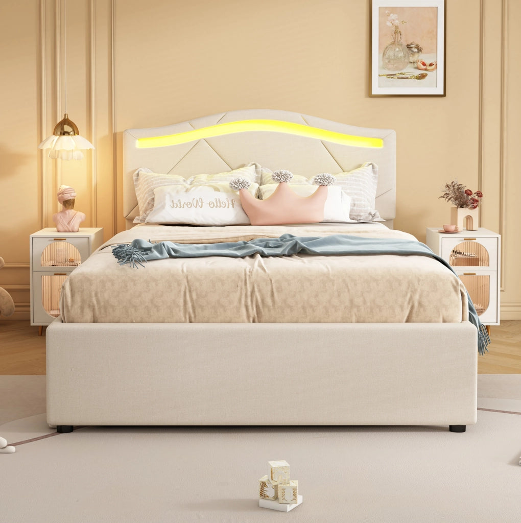 Letto imbottito beige 90x200 cm con LED, testiera regolabile e 2 cassetti
