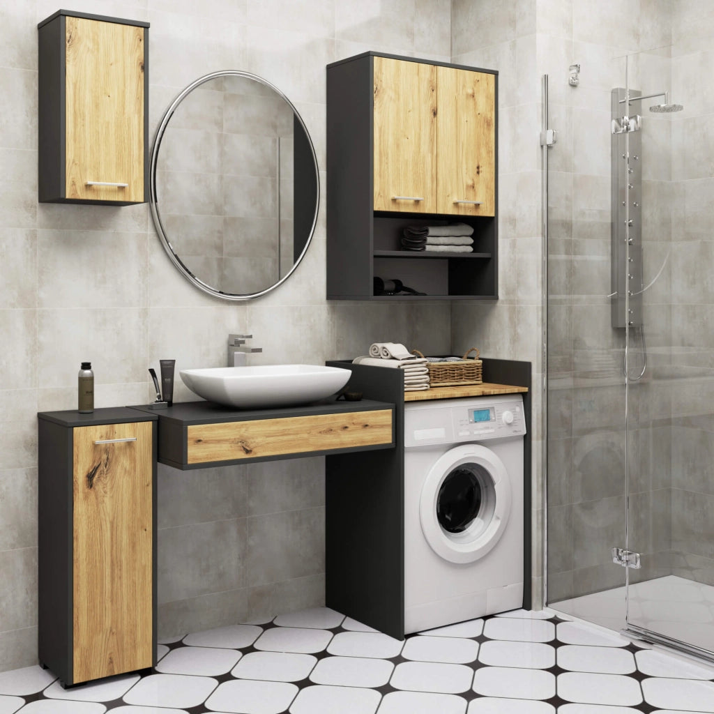 Mobile bagno sospeso AKORD FIN H934 W64 Grigia Grafite, Quercia Artisan 2 ante 64x94x30 cm
