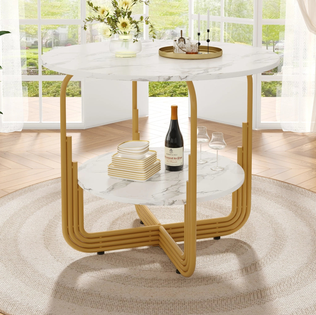 Tavolo da pranzo rotondo 80x80x76 cm con piano effetto marmo in MDF; oro