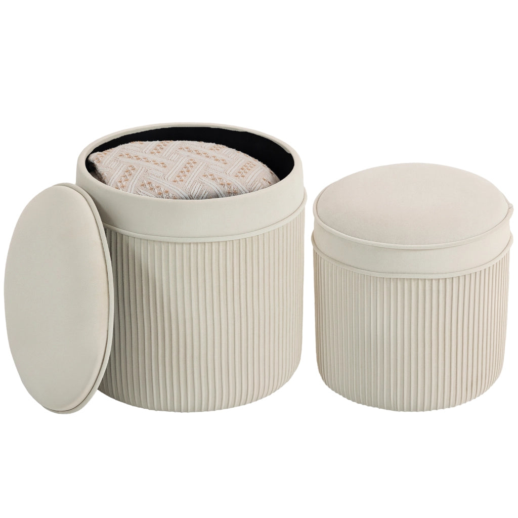 Pouf tondo con coperchio e cassetti ¨C Zephmum ¨C Cr¨¨me, velluto, ? 36 e 32 cm