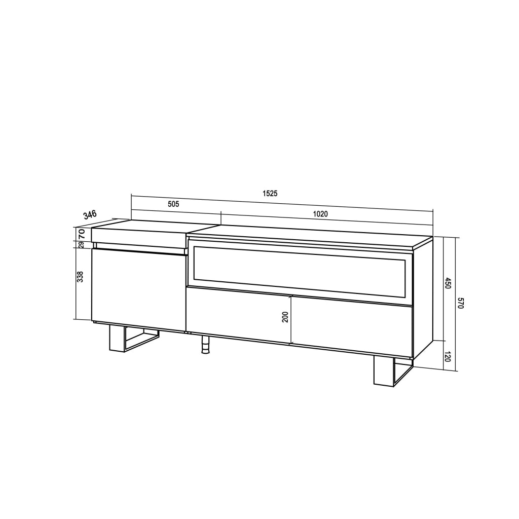 Mobile TV Soggiorno, 150x35x57cm, Per TV fino a 65", Camino elettrico, Design industriale, colore Rovere e nero RF2437