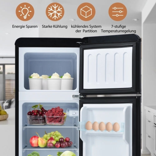 Frigorifero retrò; frigorifero congelatore; volume totale 92L; compartimento congelatore 28L; luce LED; efficiente energetico; nero