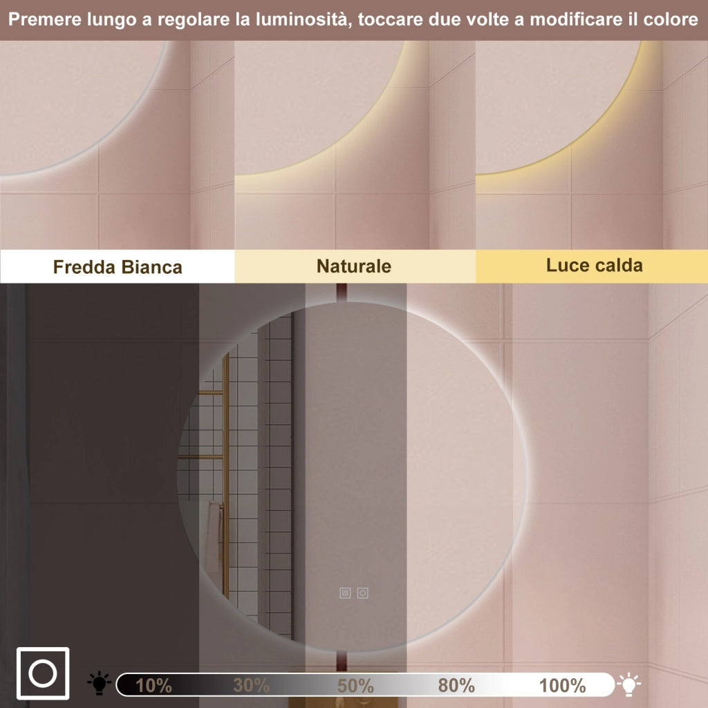 AICA Specchio da bagno 60 x 60 cm, 3 colori, antiappannamento, dimmerabile, interruttore touch, Funzione Memoria