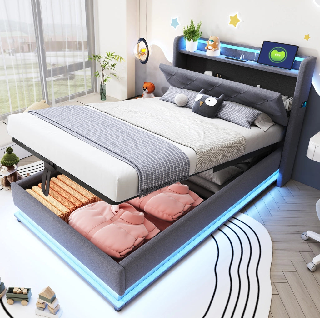 Letto imbottito 90x200 cm con LED e USB; contenitore idraulico; tessuto in lino; grigio