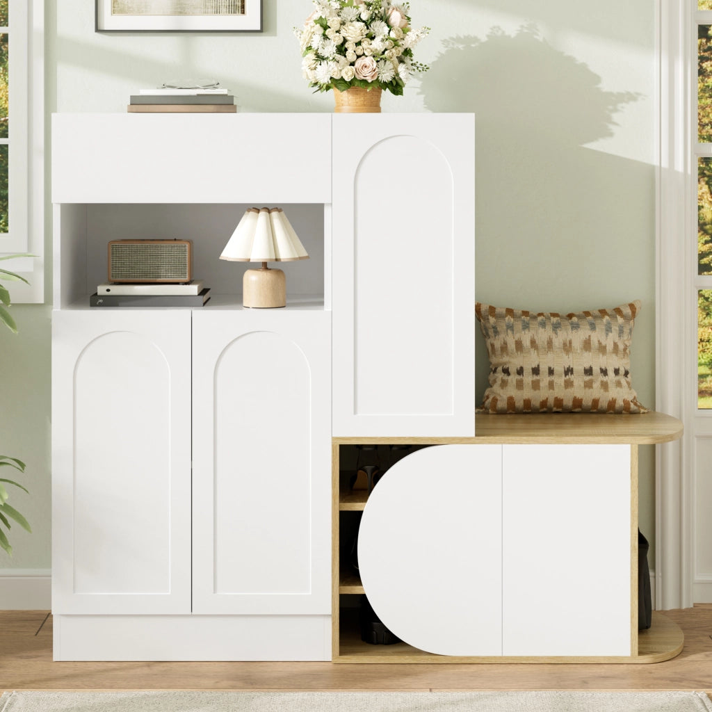 Mobile ingresso con 5 ante; 1 cassetto e panca - in MDF - 130×35×110.5 cm - bianco
