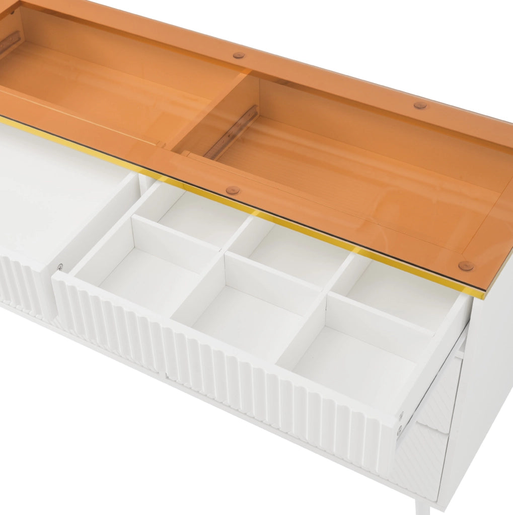 Cassettiera 120x40x76 cm con 6 cassetti; vetro marrone e bianco