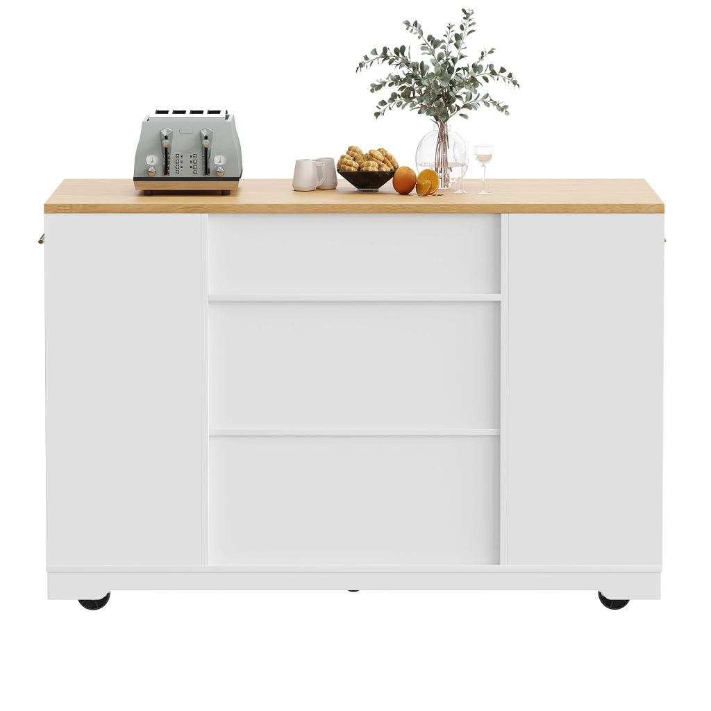 OKWISH Carrello da Cucina con 2 Ante, 3 Cassetti, Vano per Rifiuti e 5 Ruote, per Cucina, 120 × 50 × 92 cm