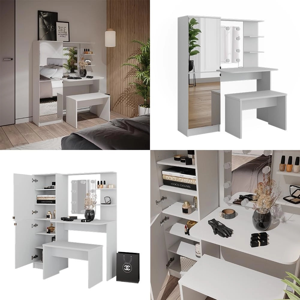 Vicco Tavolo da toilette Jasmin, Bianco, 123 cm con illuminazione a LED e panca
