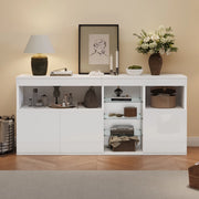 Credenza e madia con LED e 3 ante, 1 vano aperto e ripiani in vetro, per soggiorno, bianco, 155,5 × 35 × 72 cm