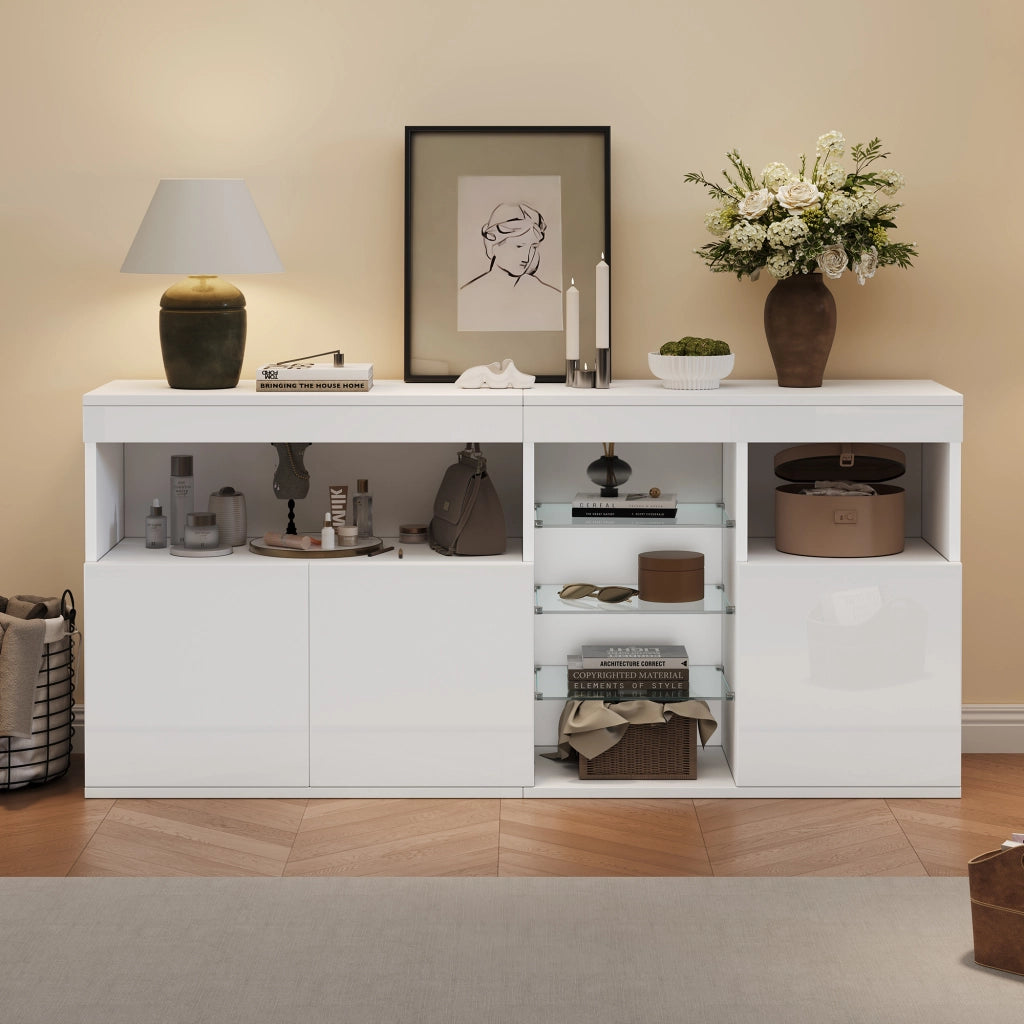 Credenza e madia con LED e 3 ante, 1 vano aperto e ripiani in vetro, per soggiorno, bianco, 155,5 × 35 × 72 cm