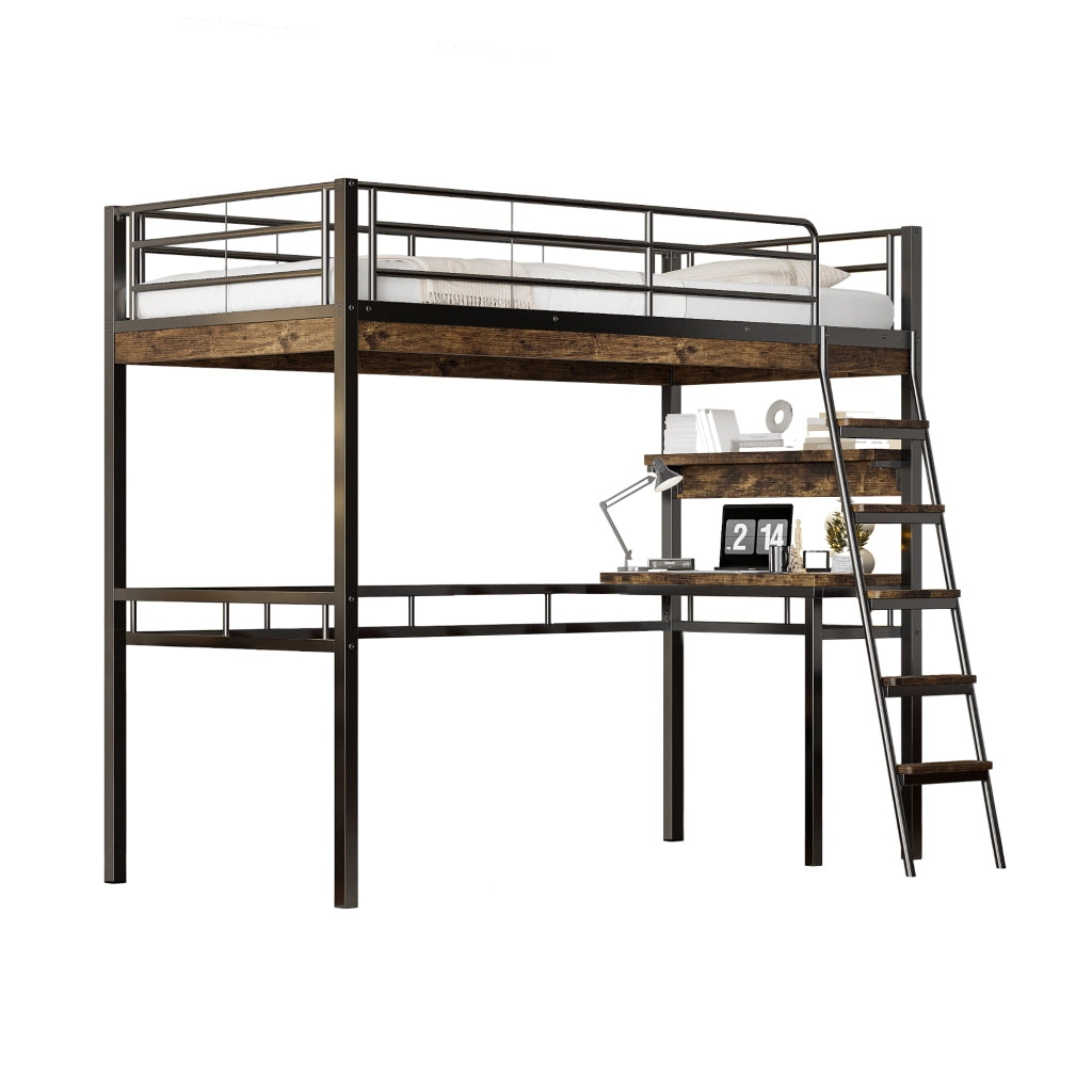 Letto a castello nero con scrivania e scaffali in metallo e mdf 90x200 cm