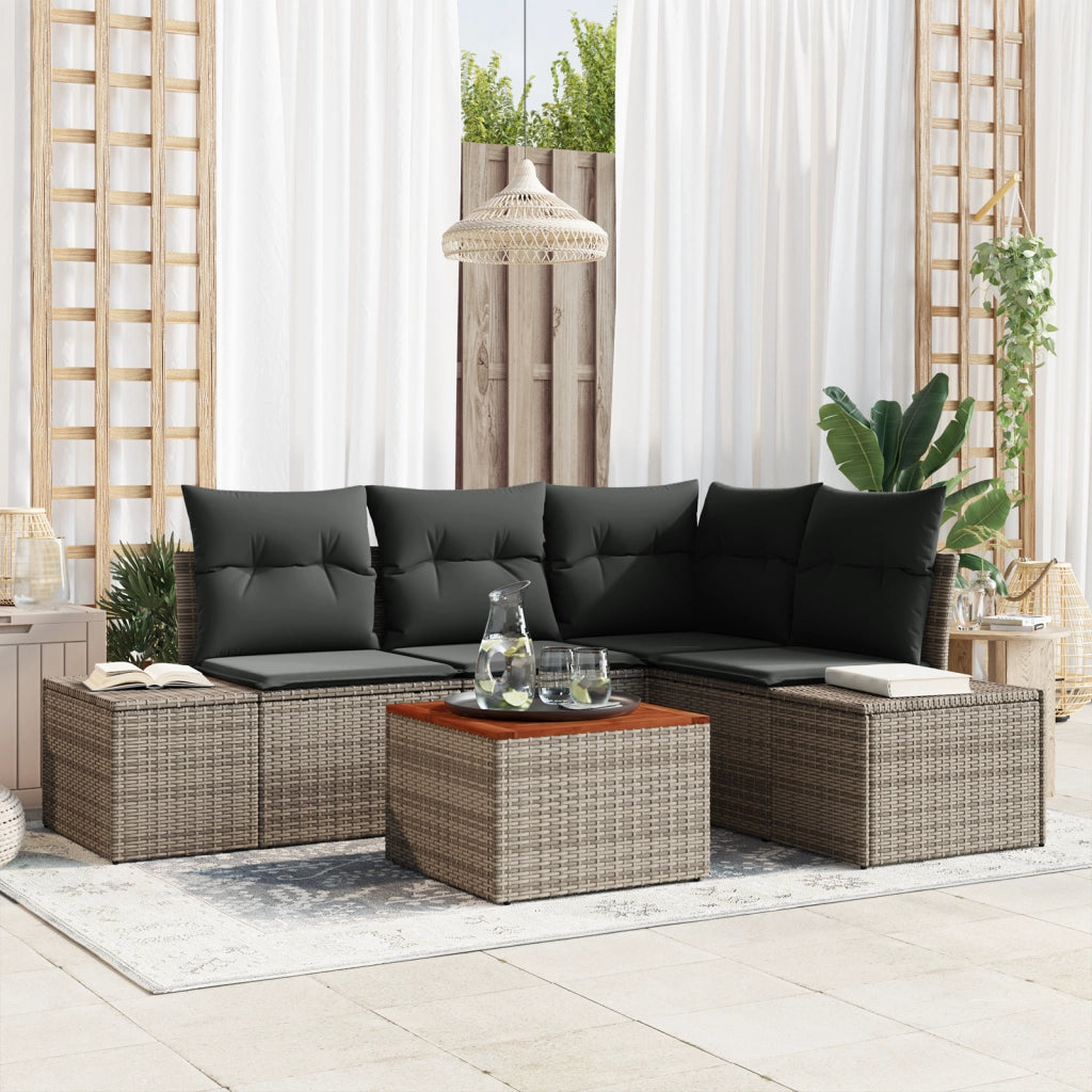 Set Divano da Giardino di 5 Pezzi con Cuscini Grigio Polyrattan Acacia