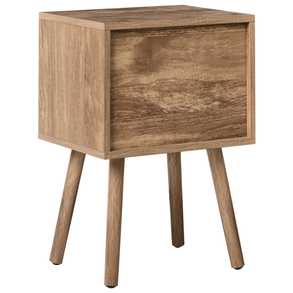 Comodino marrone chiaro in MDF con gambe in legno di pino e 2 cassetti Tavolino moderno