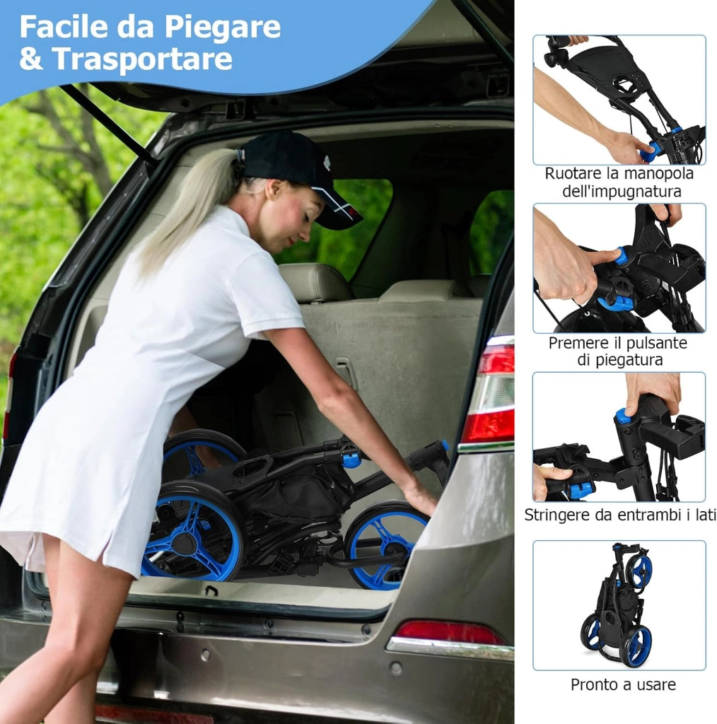 Carrello da Golf Pieghevole con 3 Ruote, Struttura in Alluminio, Cinghia Elastica, Portaombrello Regolabile e Porta Bicchiere, Segnapunti e Freno a Pedale