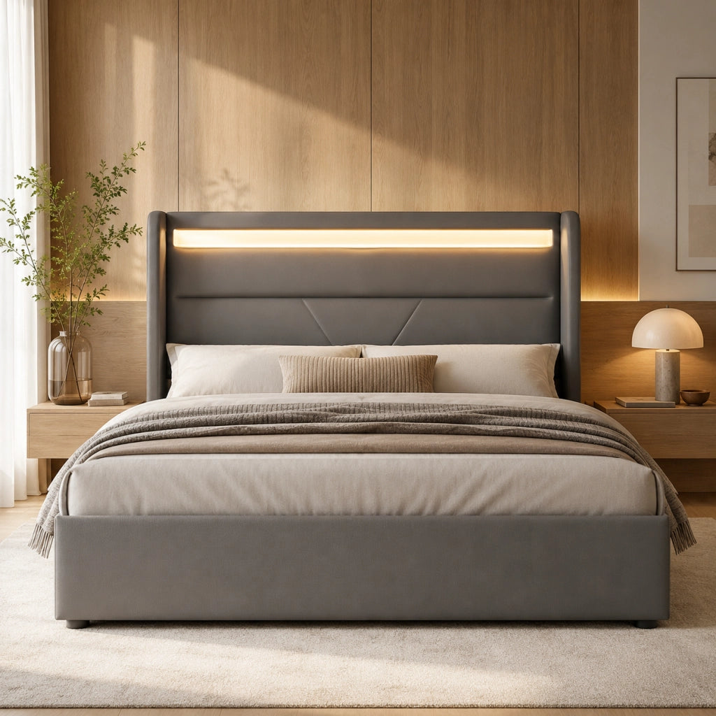 Letto contenitore idraulico – 140x200 cm – LED telecomando – velluto grigio