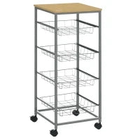 Carrello da Cucina Salvaspazio con 4 Cesti Estraibili in Legno e Acciaio, 36.5x36.5x89 cm, Argento e color Legno
