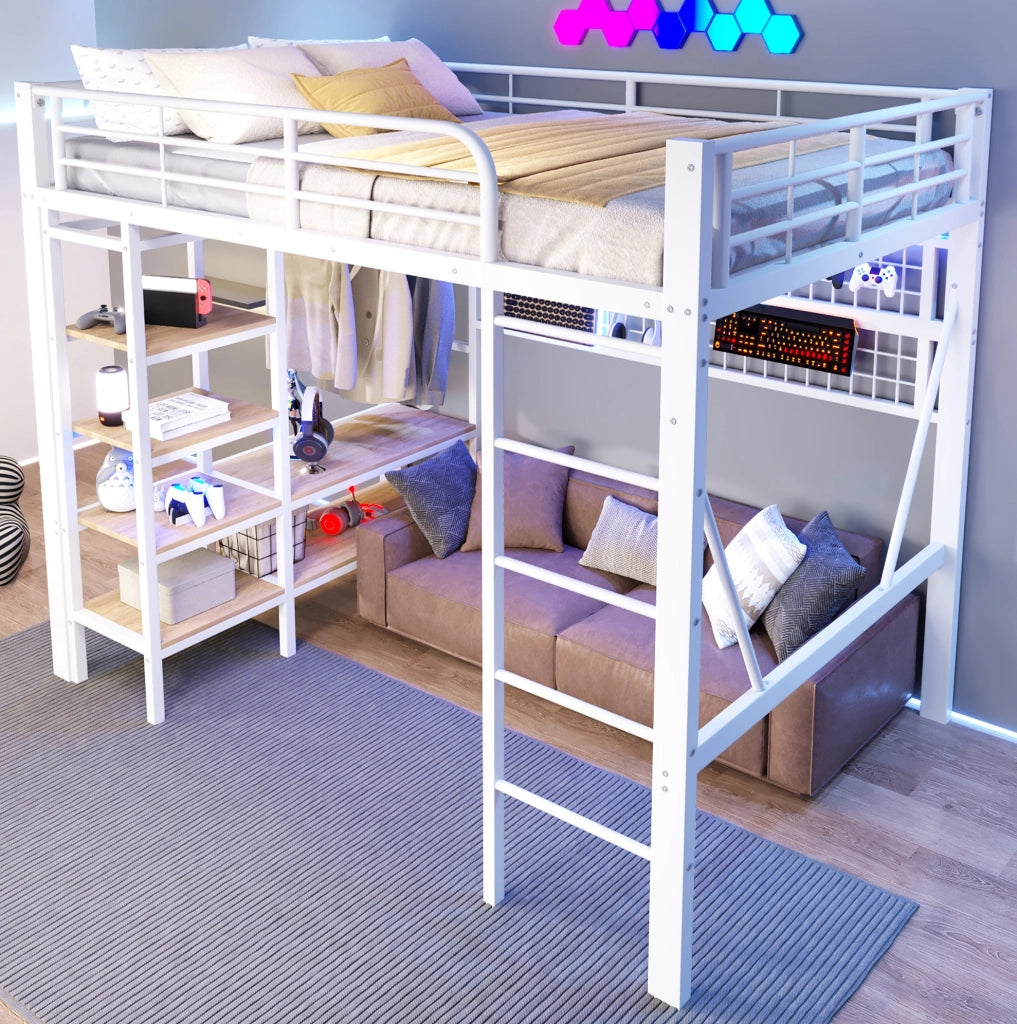 Letto a soppalco 140x200 cm in metallo e MDF con LED, mensola e spazio aperto