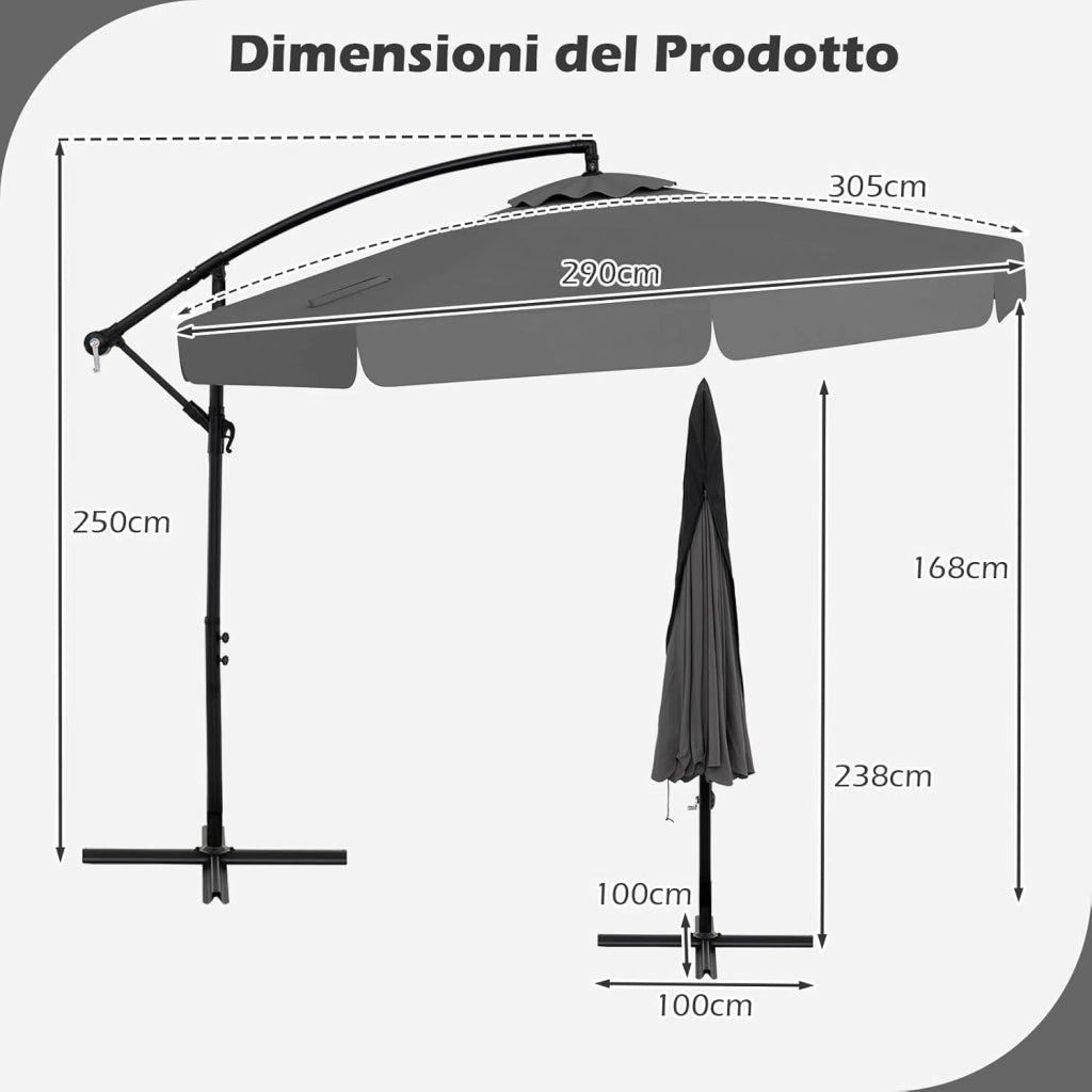 Ombrellone da Giardino 290 cm a Braccio | Inclinazione Regolabile, Manovella, 8 Stecche, Telo Solare, Copertura Inclusa