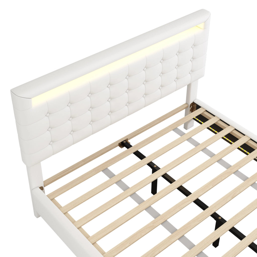 Letto matrimoniale bianco 140x200 cm con LED regolabile e testiera adattabile