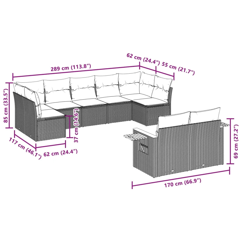 Set Divano da Giardino 9 pz con Cuscini Grigio in Polyrattan