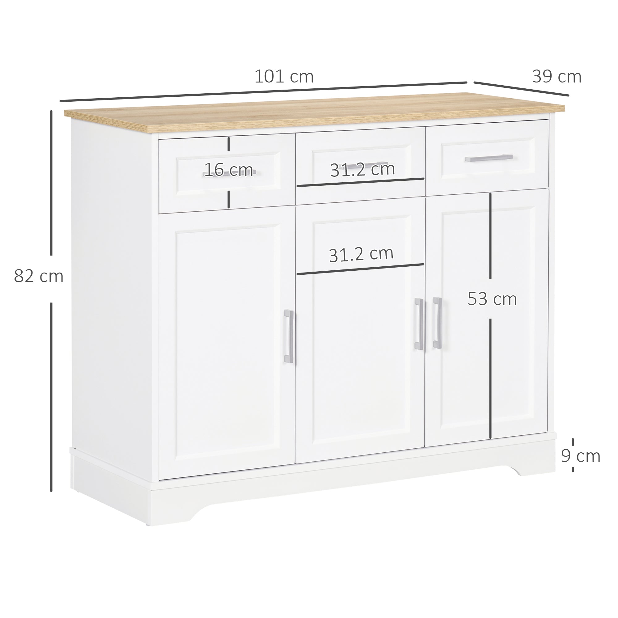 Credenza Moderna 3 Cassetti e 3 Ante 101x39x82 cm in MDF e Truciolato Bianco