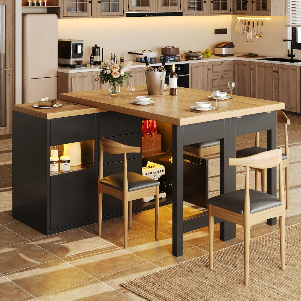 Dispensa da cucina con 4 cassetti; ante in vetro e LED RGB; piano girevole 360°; per cucina; nero; 120 × 40 × 73.8 cm