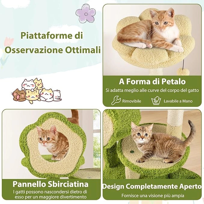 Albero per Gatti, Albero Tiragraffi per Gatto con Condominio Tronco, Trespolo a Fiore, Letto Morbido, Pompon, Giocattolo a Molla e Piattaforme, Tiragrafffi per Gatti da Interno