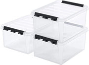 Scatola di conservazione 32 litri (3 pezzi) - Materiale trasparente rinforzato - Garanzia 10 anni - Adatto per alimenti - Chiusura con clip - Stivabile e nesting - BPA libero - Dimensioni: L50 x B39 x H26cm