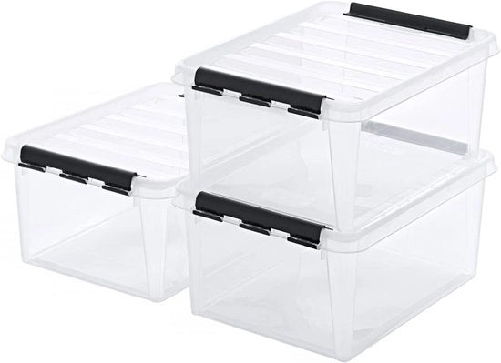 Scatola di conservazione 32 litri (3 pezzi) - Materiale trasparente rinforzato - Garanzia 10 anni - Adatto per alimenti - Chiusura con clip - Stivabile e nesting - BPA libero - Dimensioni: L50 x B39 x H26cm