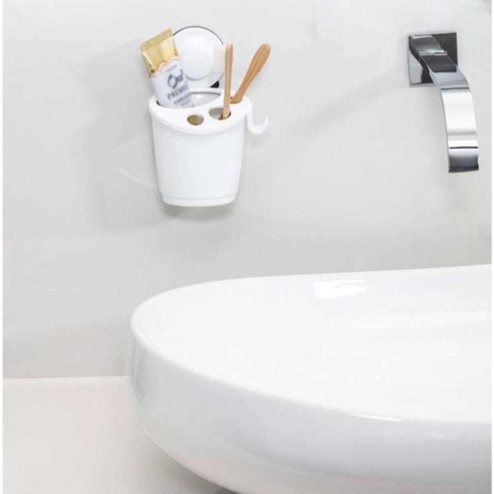 Trade Shop - Porta Spazzolini Dentifricio A Ventosa Bianco Contenitore Parete Bagno 59541 -