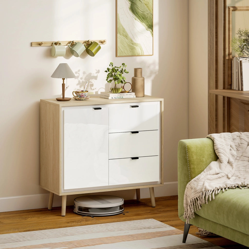 Cassettiera Moderna con Ante e Cassetti ¨C Zephmum ¨C Bianco e Rovere, 80x40x85 cm
