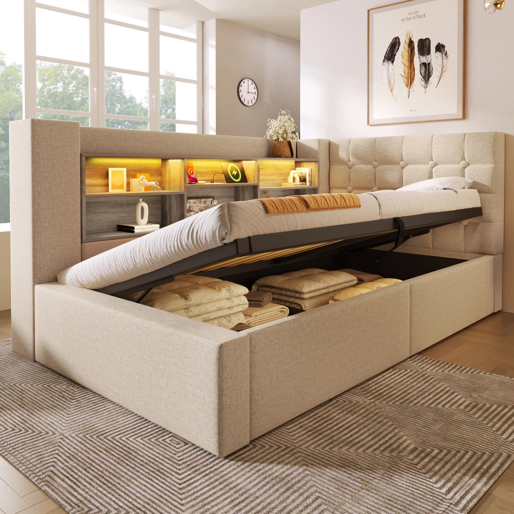 LETTO Contenitore 90x200 cm Beige con materasso incluso, LED e testiera L