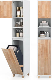 Mobile da Bagno, Armadio Salvaspazio per Biancheria con Cestello Inclinabile, Ante in Legno in Gomma, 3 Ripiani e Cesta Porta Biancheria Rimovibile, Ideale per Soggiorno e Cucina