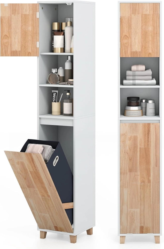 Mobile da Bagno, Armadio Salvaspazio per Biancheria con Cestello Inclinabile, Ante in Legno in Gomma, 3 Ripiani e Cesta Porta Biancheria Rimovibile, Ideale per Soggiorno e Cucina