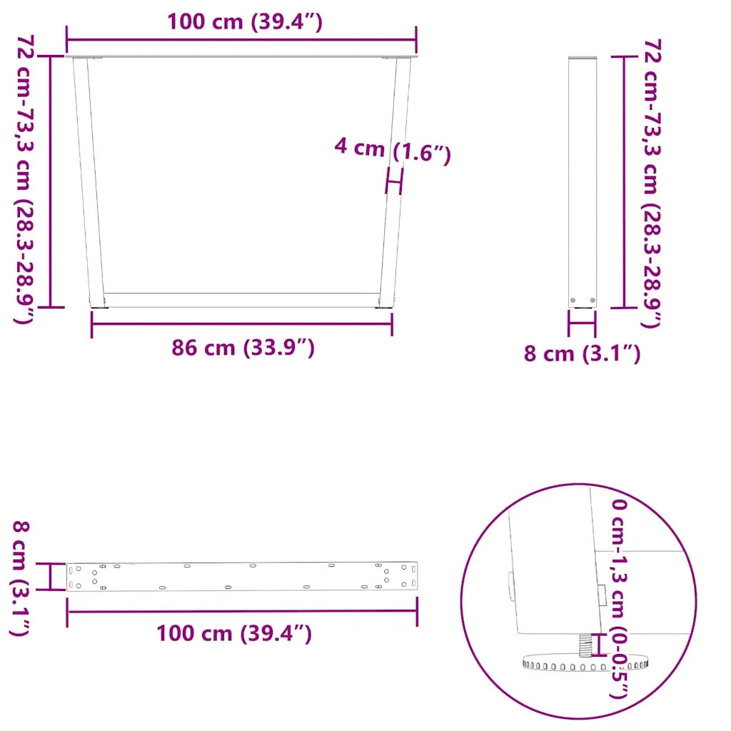 Gambe per tavolo da pranzo a forma di V 3 pz nere 100x(72-73,3) cm in acciaio 4012672