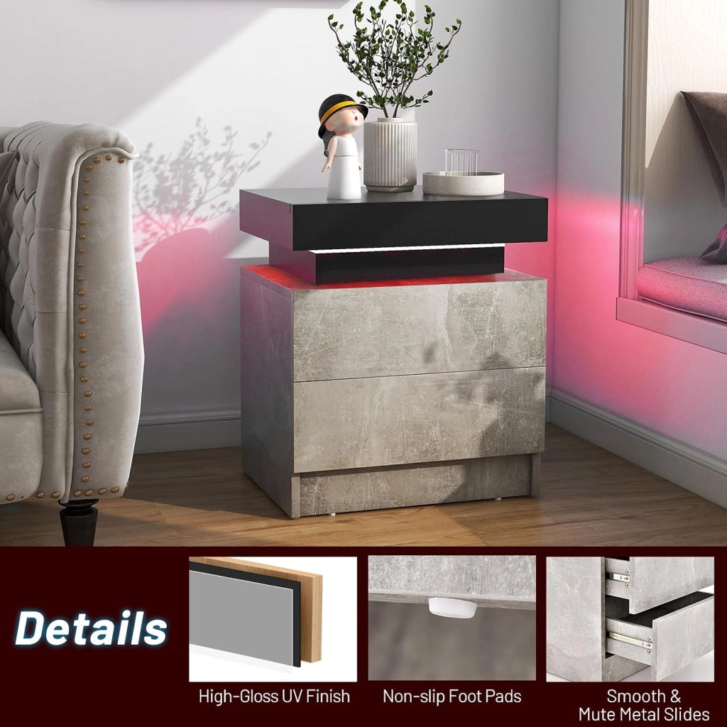 Comodino a LED, 20 colori statici e 21 modalità dinamiche, tavolo da notte con 2 cassetti, tavolino, modalità di illuminazione regolabile e telecomando, 45 x 35 x 52 cm