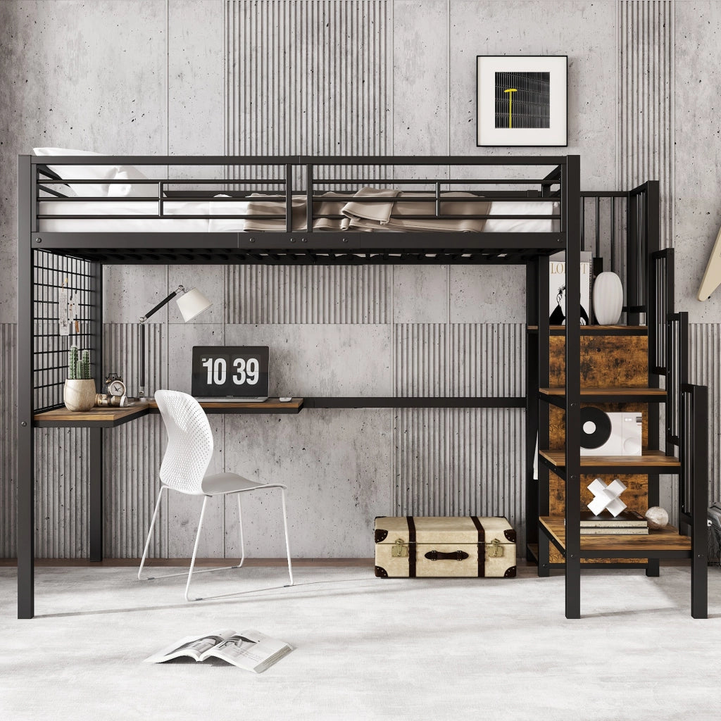 Letto a castello funzionale in ferro e MDF nero e noce scuro 90x200 cm