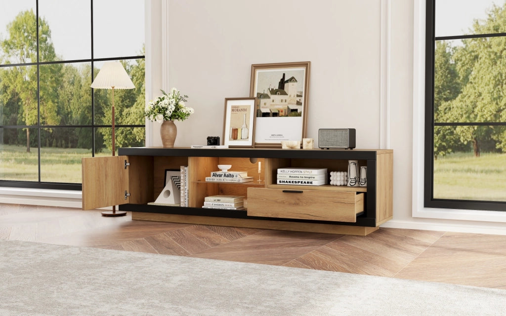 Mobile TV 160 cm nero e rovere con LED, vano portaoggetti, 2 colli
