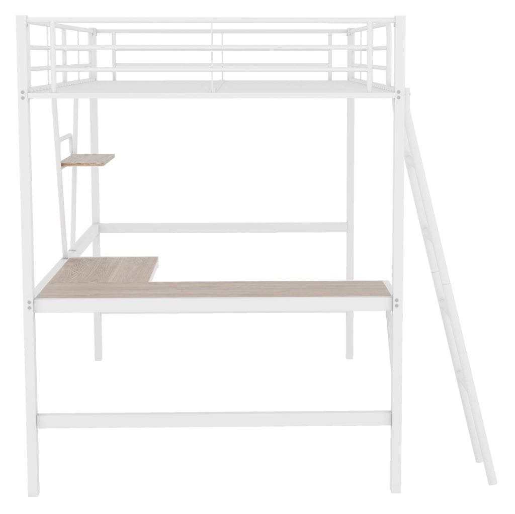 Letto a soppalco 90x200 cm con scrivania a L e scaffale bianco