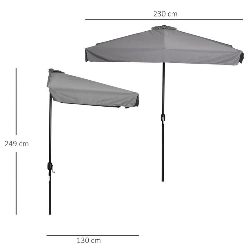 OMBRELLONE SEMICIRCOLARE DA TERRAZZA E GIARDINO CON MANOVELLA, 230X130X249CM, GRIGIO