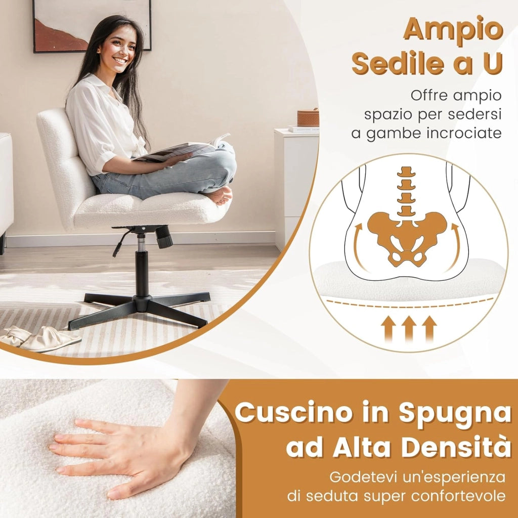 Sedia da Ufficio senza Braccioli, Sedia da Scrivania a Gambe Incrociate con Altezza Regolabile, Rotazione a 360°, Tessuto Morbido, Ampia Seduta Imbottita, Portata 160 kg (Bianco)