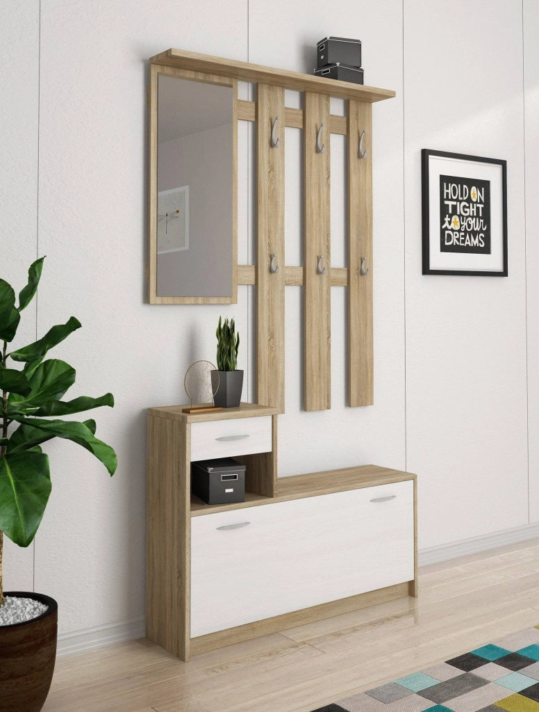 Mobile da ingresso Dazio, Entratina moderna con specchiera, Mobile con scarpiera, Mobile svuotatasche, Cm 100x25h181, Bianco e Rovere
