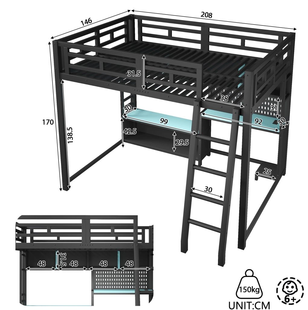 LETTO a soppalco 140x200 cm stile gaming con scrivania LED e ripiani nero