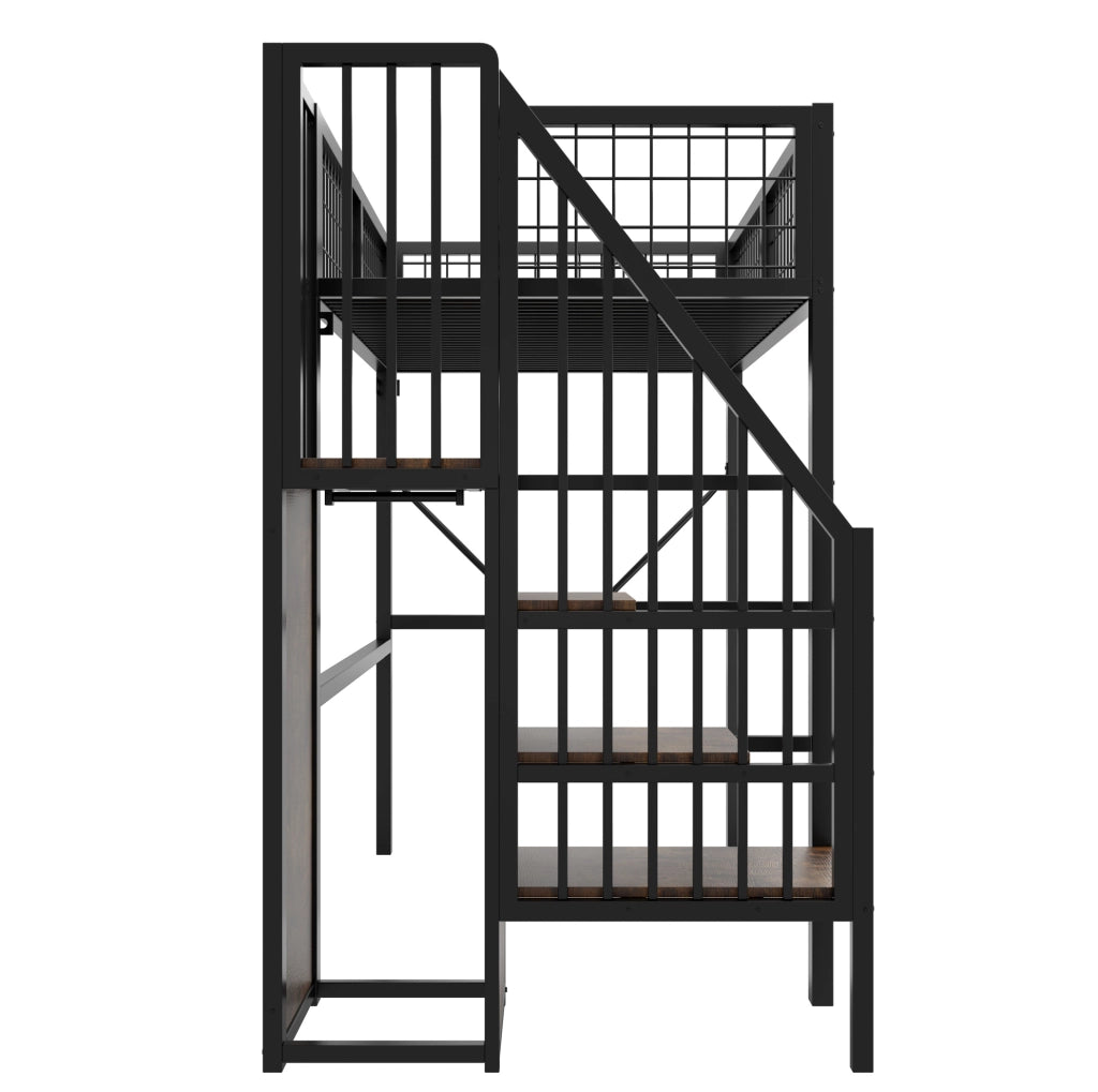 Letto a soppalco in metallo 90 x 200 cm con scala contenitore; LED e barriera; nero