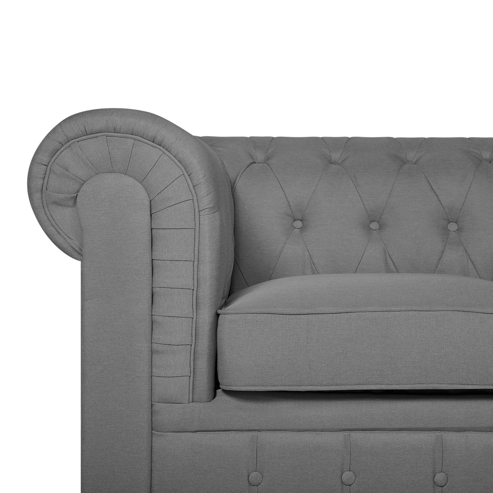 Set soggiorno Chesterfield in tessuto grigio chiaro gambe in legno scuro divano a 3 posti + poltrona contemporanea