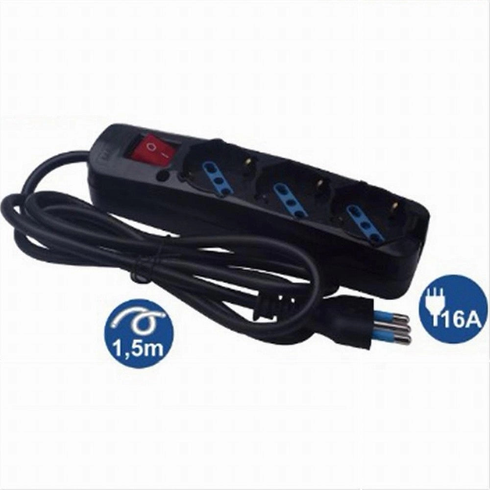 Trade Shop - Multipresa Nera Cavo 1,5mt Spina 16a + 3 Uscite Schuko Protezione Bambini 80096n -
