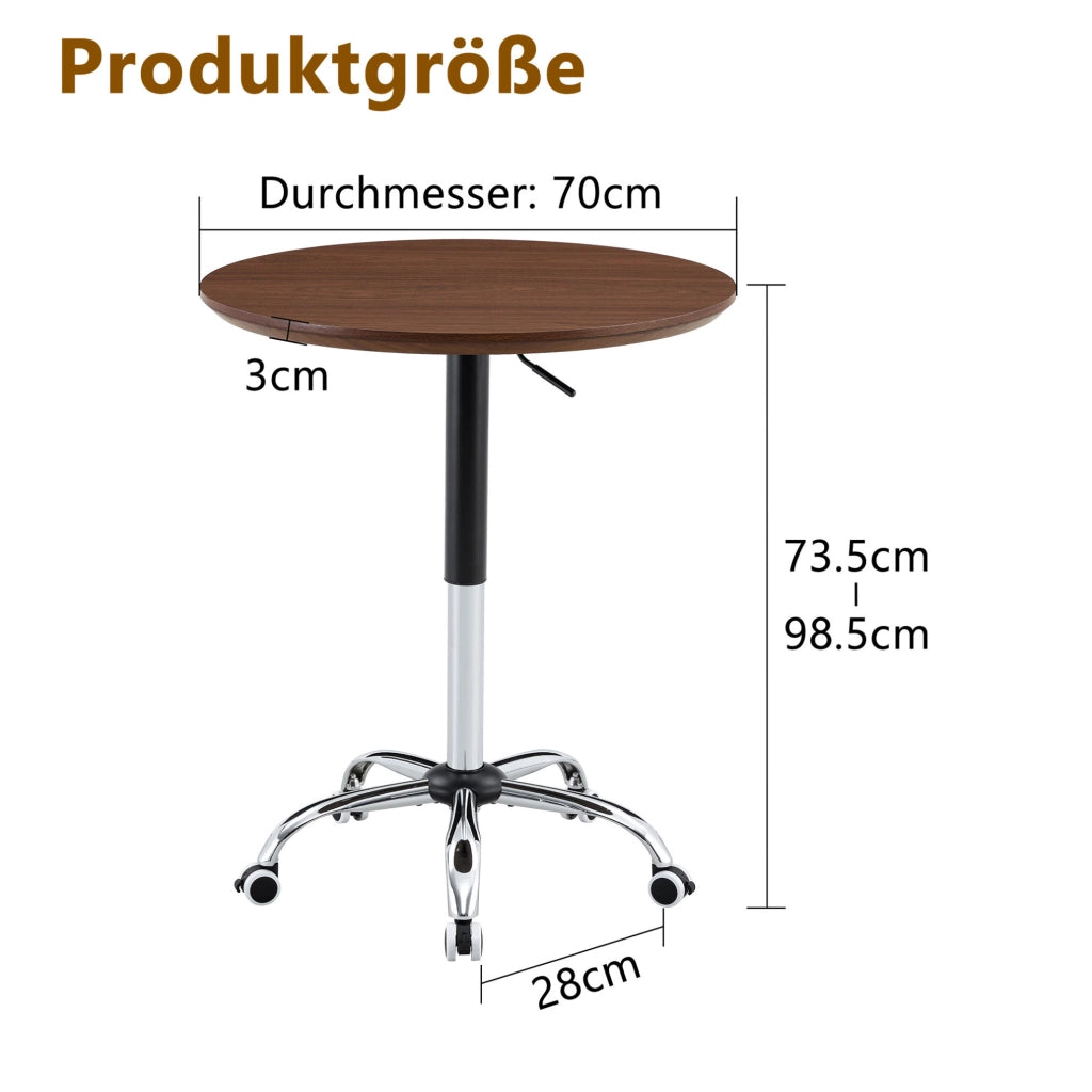 Tavolo rotondo regolabile in altezza con ruote; ? 70 cm; MDF e metallo; noce