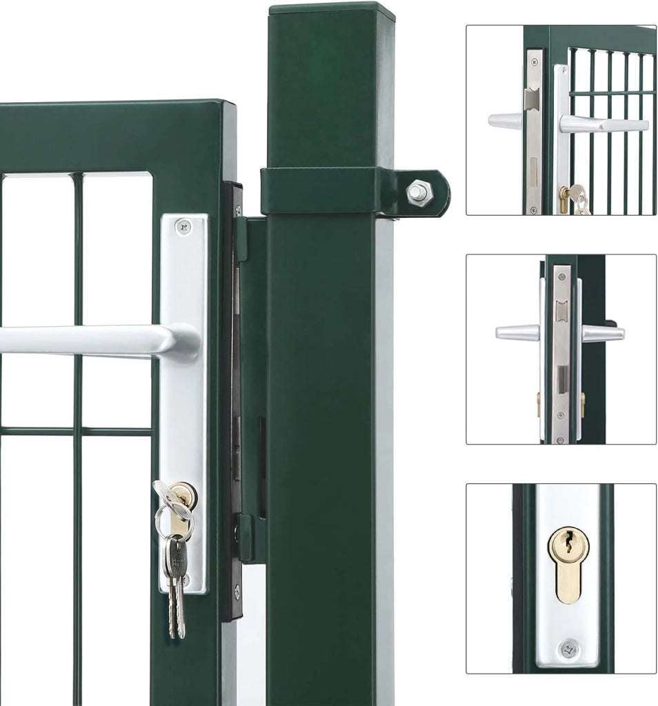 SONGMICS Cancello da Giardino, Cancelletto da Giardino, Acciaio Zincato con Serratura, Porta di 106 x 150 cm (L x H), Tubo Rettangolare, Cancello per Recinzione, Verde GGD200L