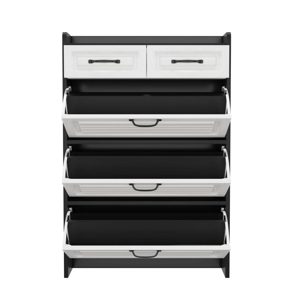 Scarpiera 80x23.5x131 cm con 3 scomparti girevoli e 2 cassetti in pannello truciolare bianco e nero