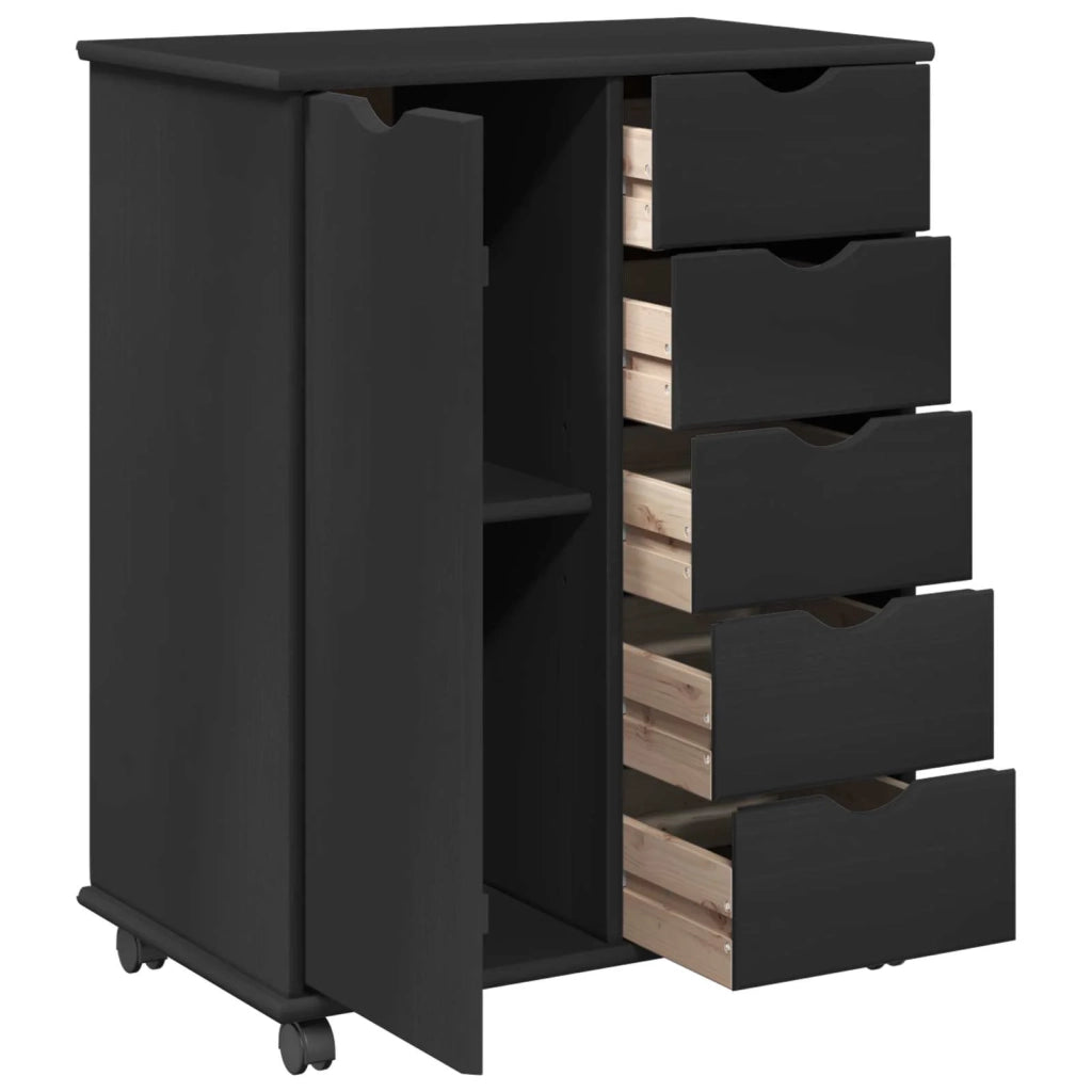 Mobile con Ruote Nero 63,5 x 39 x 79 cm Legno di Pino Massello 42028363